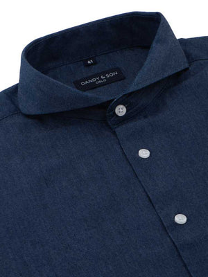 Dandy & Son Extreme Cutaway collar shirt in blue denim fabric buttoned