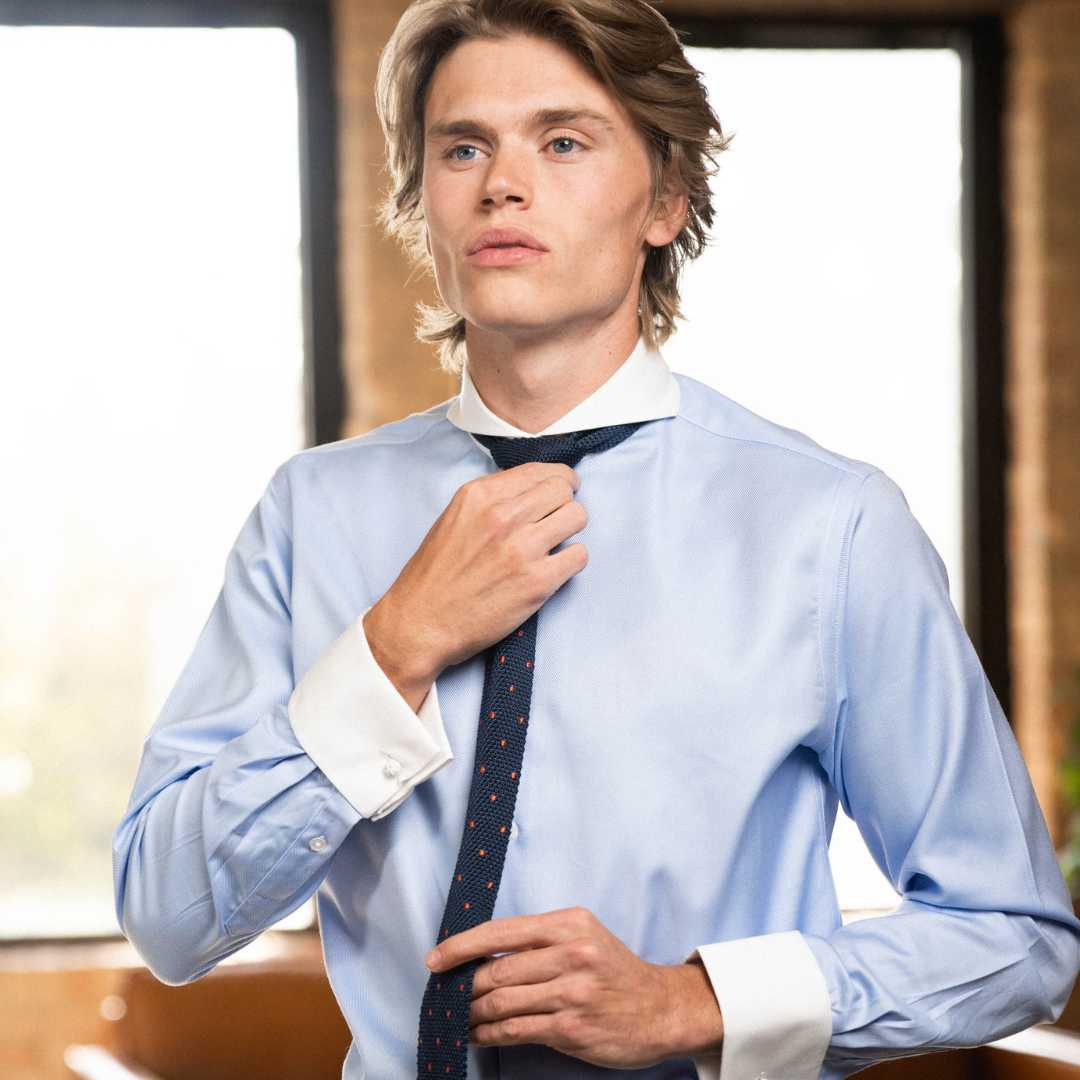 Blue Contrast Collar Shirt with French Cuff and Tie