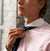 Model closeup of pink contrast extreme cutaway collar shirt