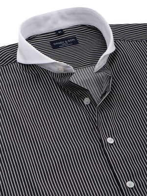 Extreme cutaway collar black pinstripe non iron contrast shirt french cuff flat lay