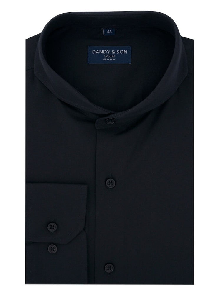Dandy &amp; Son Extreme Cutaway Collar shirt in black easy-iron fabric flat lay 
