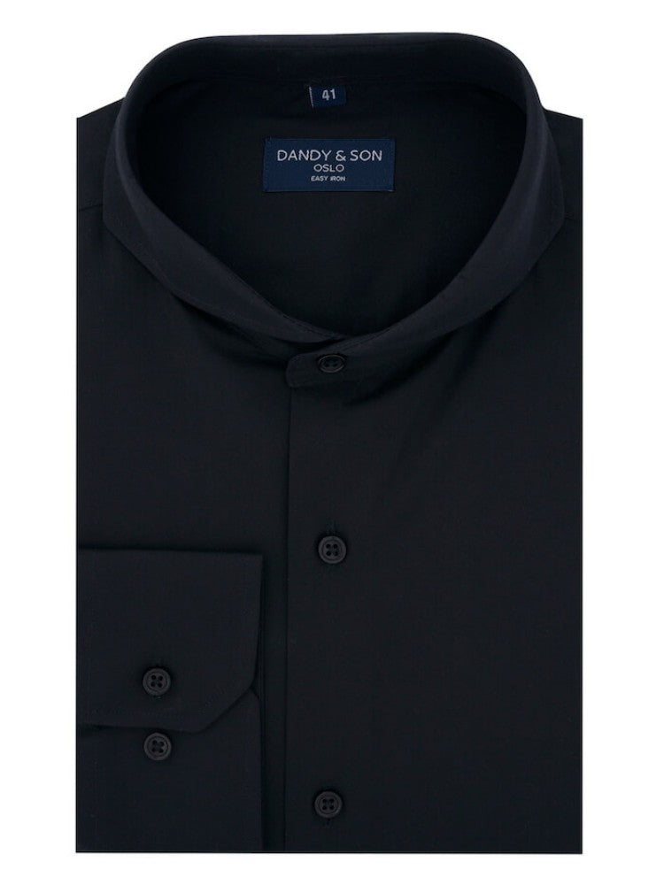 Dandy & Son Extreme Cutaway Collar shirt in black easy-iron fabric flat lay 