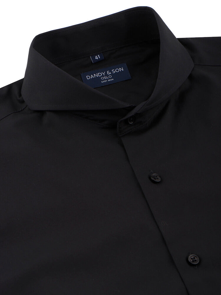 Dandy & Son Extreme Cutaway Collar shirt in black easy-iron fabric flat lay 