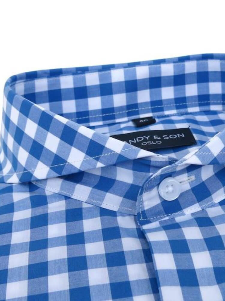 Dandy & Son Extreme Cutaway collar shirt in blue big gingham style