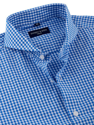 Dandy & Son Extreme Cutaway shirt in blue gingham unbuttoned close up