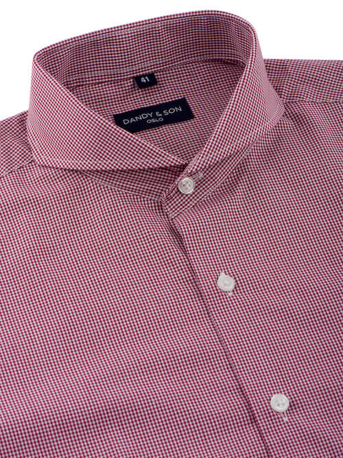 Dandy &amp; Son Extreme Cutaway shirt in burgundy grid cotton close up