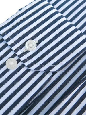 Dandy & Son Extreme Cutaway Collar shirt in navy stripes close up