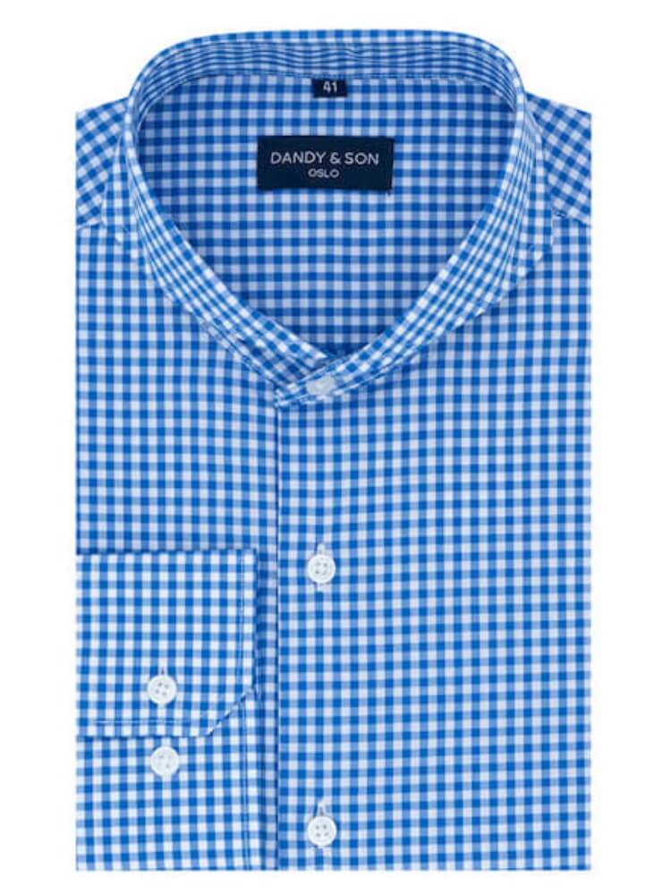 Dandy & Son Extreme Cutaway collar shirt in blue gingham close up