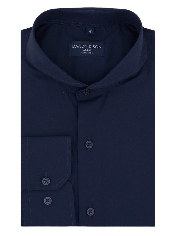 Dandy &amp; Son Extreme Cutaway collar shirt in navy non-iron flat lay 