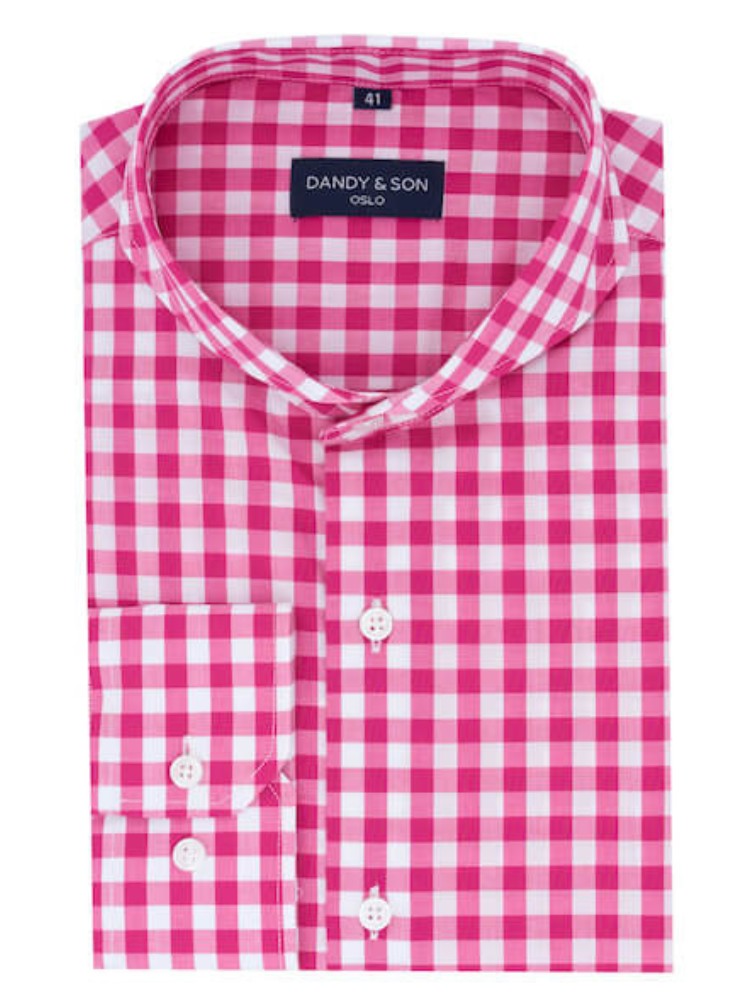 Dandy &amp; Son Extreme Cutaway shirt in big gingham style cotton flat lay