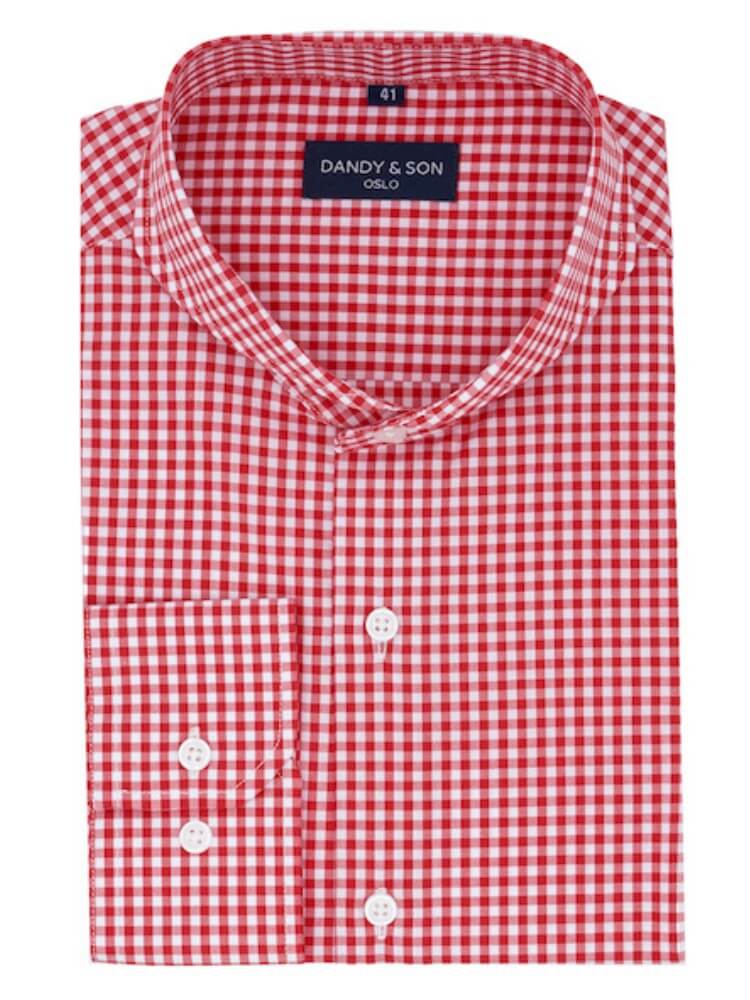 Dandy &amp; Son Extreme Cutaway collar shirt in red gingham style flat lay 