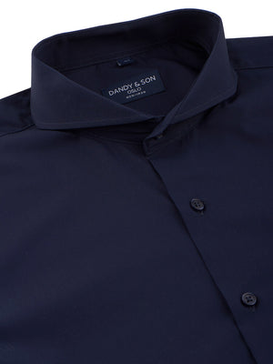 Dandy & Son Extreme Cutaway shirt in navy non-iron buttoned up