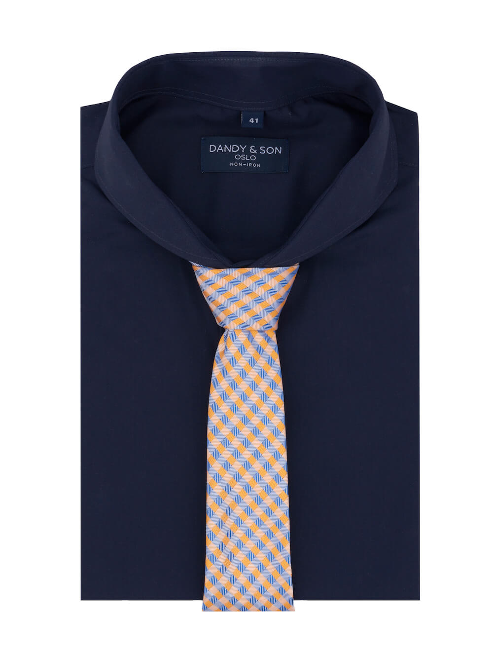 Dandy &amp; Son Extreme Cutaway shirt in navy non-iron flat lay with tie