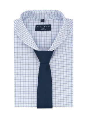 Dandy & Son Extreme Cutaway collar shirt in light blue non-iron cotton flat lay with tie