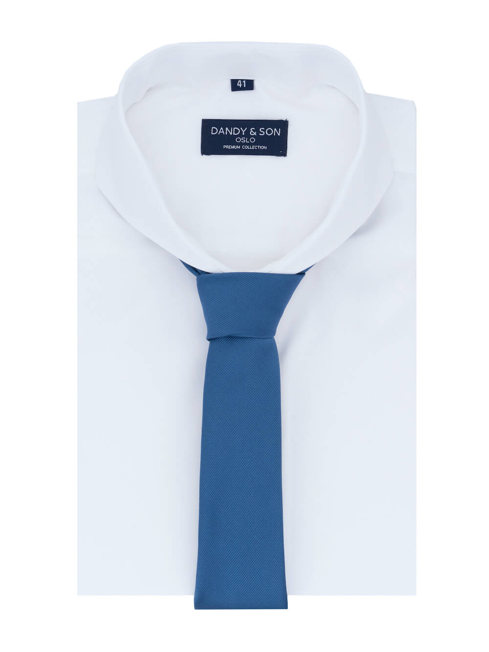 Dandy &amp; Son Extreme Cutaway collar shirt in white with french cuff flat lay with tie
