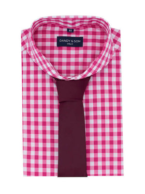 Dandy & Son Extreme Cutaway collar shirt in big gingham style cotton flat lay with tie