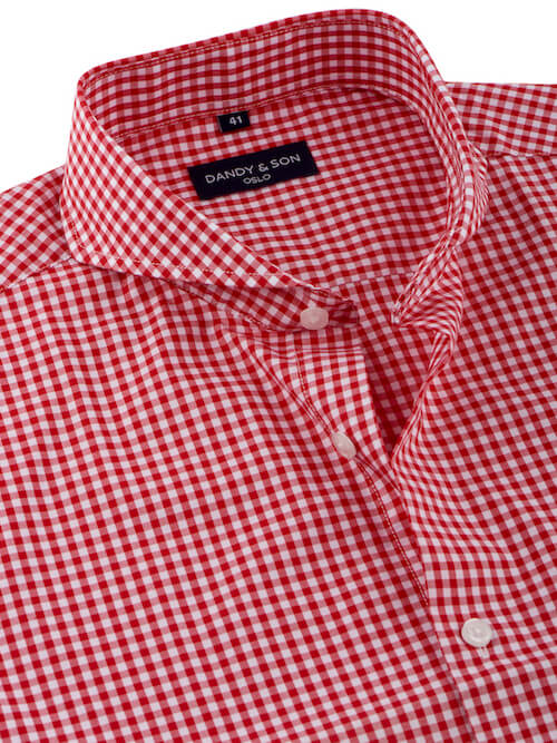Dandy &amp; Son Extreme Cutaway shirt in red gingham style unbuttoned side view