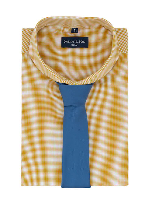 Dandy &amp; Son Extreme Cutaway shirt in yellow grid cotton flat lay with tie