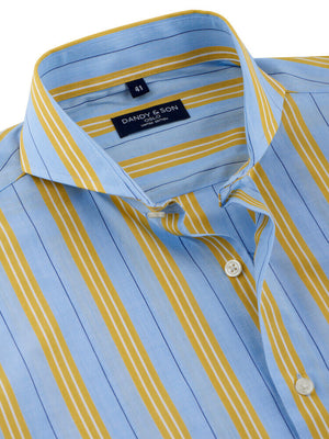 Limited Edition Extreme Cutaway Collar Blue With Yellow Stripes Shirt Close Up Unbuttoned