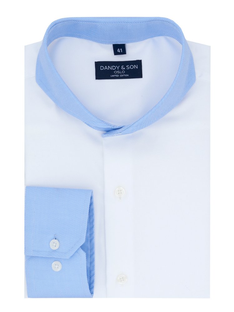 Limited edition contrast collar extreme cutaway shirt in blue and white flat lay