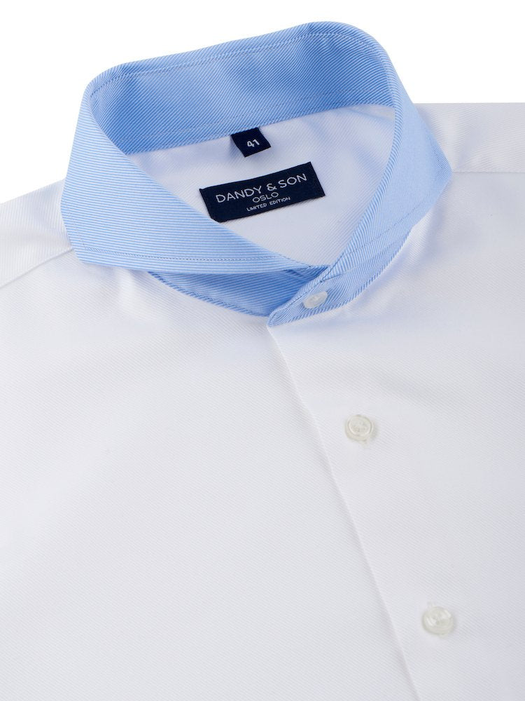Limited edition contrast collar extreme cutaway shirt in blue and white flat lay