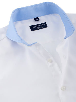 Limited edition contrast collar extreme cutaway shirt in blue and white flat lay unbuttoned