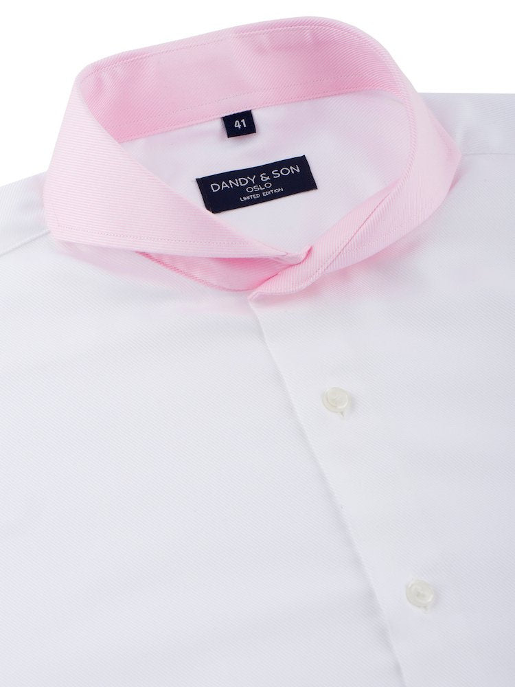 limited edition shirt with extreme cutaway white and pink contrast collar detail