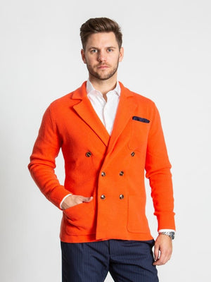 Orange Double Breasted Knitted Cashmere Jacket On Model With White Extreme Cutaway Collar