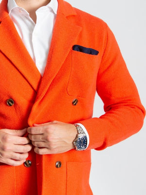 Orange Double Breasted Knitted Cashmere Jacket On Model With White Extreme Cutaway Collar Close Up