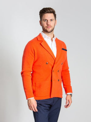Orange Double Breasted Knitted Cashmere Jacket On Model With White Extreme Cutaway Collar