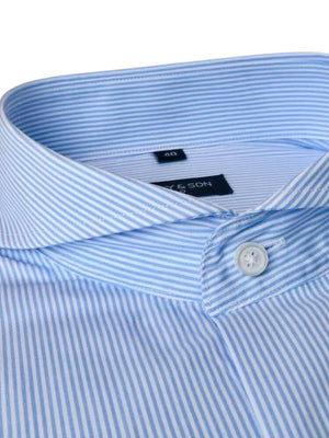 Extreme cutaway collar classic blue striped shirt flat lay close up