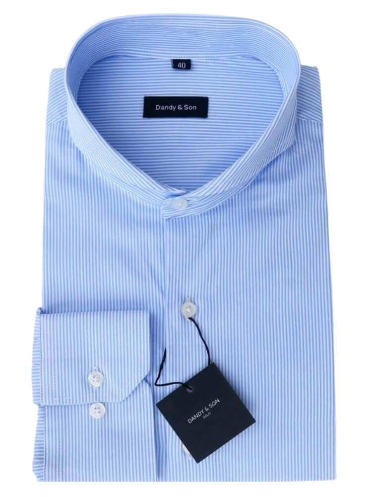 Extreme cutaway collar classic blue striped shirt flat lay image