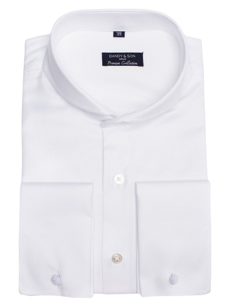 Dandy &amp; Son Extreme Cutaway shirt in white premium fabric with french cuff flat lay
