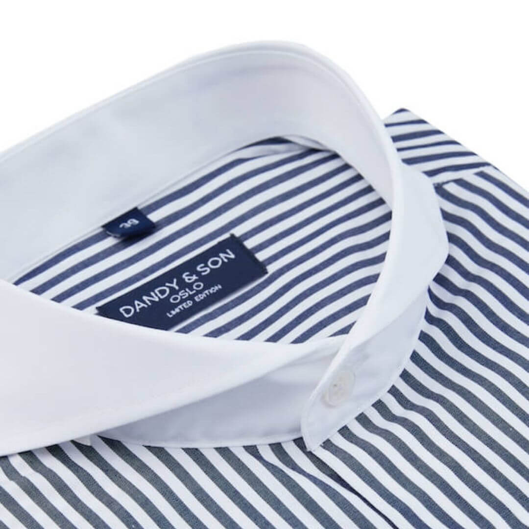 Navy and white big stripe contrast collar flat lay shirt