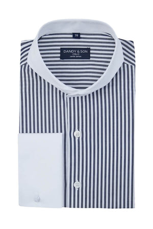 Navy and white big stripe contrast collar flat lay shirt