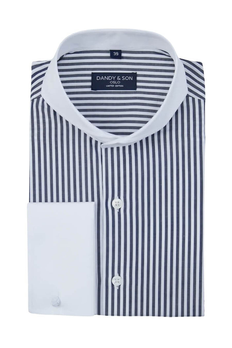 Navy and white big stripe contrast collar flat lay shirt