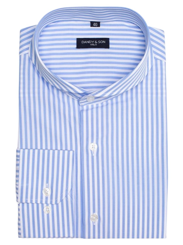 Dandy &amp; Son Extreme Cutaway Collar shirt in big blue striped cotton flat lay