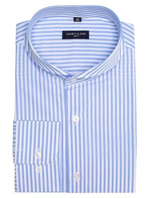 Dandy & Son Extreme Cutaway Collar shirt in big blue striped cotton flat lay