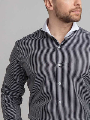 Extreme cutaway collar black pinstripe non iron contrast shirt french cuff on model