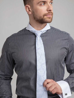 Extreme cutaway collar black pinstripe non iron contrast shirt french cuff on model with tie