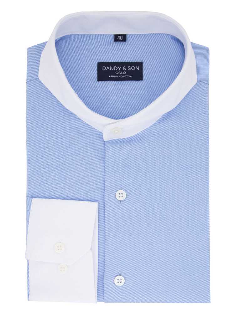 Dandy &amp; Son Extreme Cutaway Collar shirt in blue with contrast collar flat lay