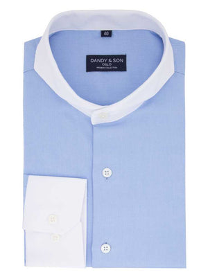 Dandy & Son Extreme Cutaway Collar shirt in blue with contrast collar flat lay