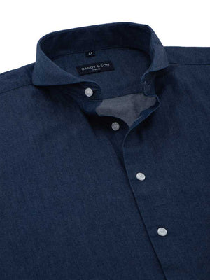 Dandy & Son Extreme Cutaway collar shirt in blue denim fabric unbuttoned