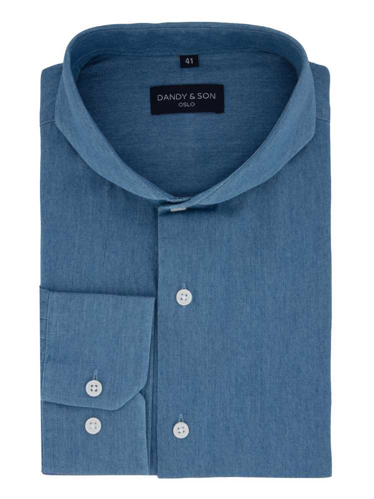 Dandy & Son Extreme Cutaway collar shirt in denim fabric light blue