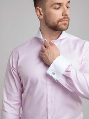 Dandy & Son Extreme Cutaway collar shirt in pink premium cotton with french cuffs flat lay on model