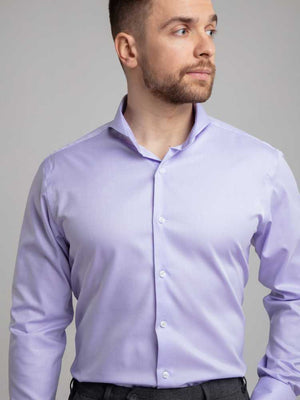 Extreme Cutaway Collar Purple Non-Iron Shirt flat lay on model close up