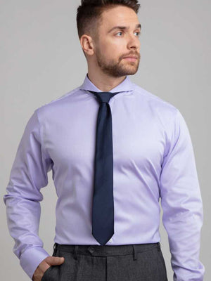 Extreme Cutaway Collar Purple Non-Iron Shirt flat lay on model with tie