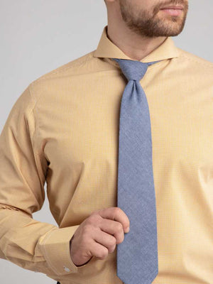 Dandy & Son Extreme Cutaway collar shirt in yellow grid cotton on model