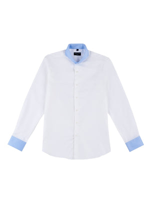 Limited edition contrast collar extreme cutaway shirt in blue and white flat lay opened